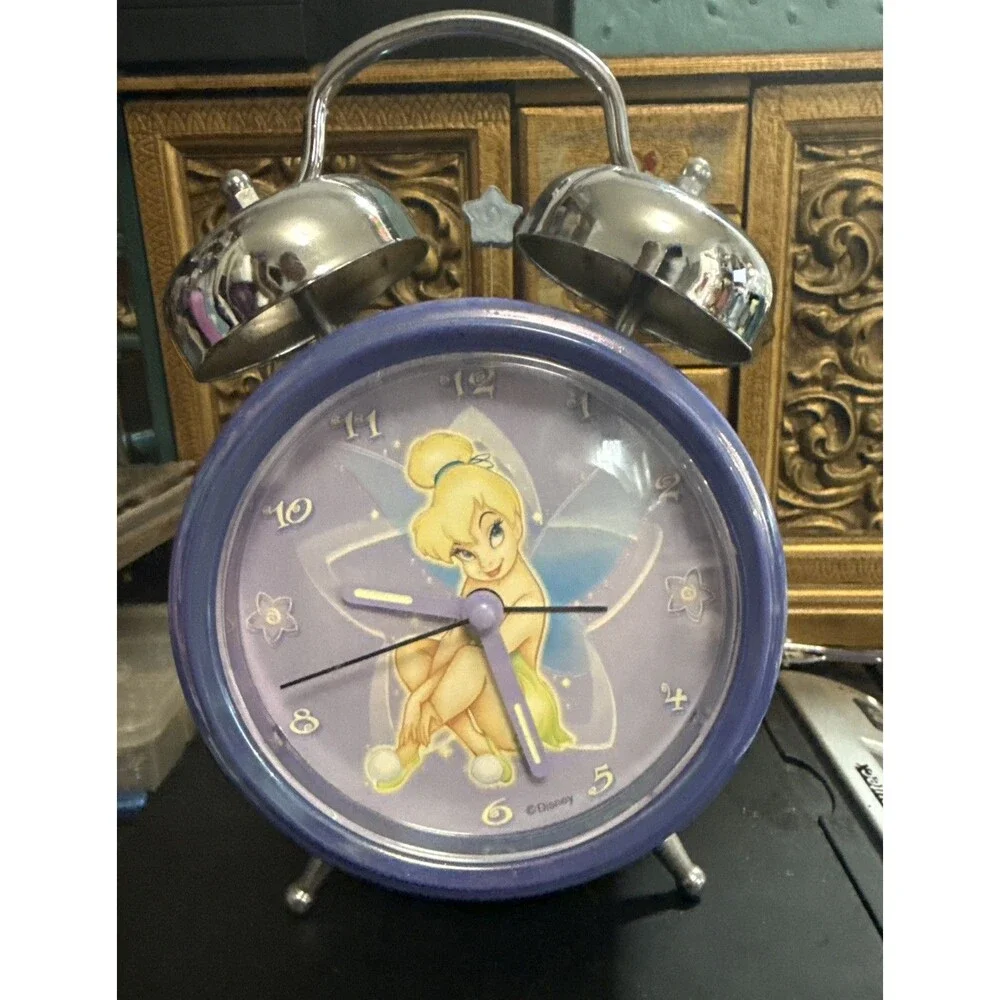 Disney Tinker Bell Twin Bell Alarm Clock Purple, Glow In The Dark Hands, Disney!
